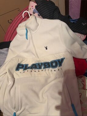 PLAYBOY Cream Half-Zip Fleece Pullover with Blue Logo
